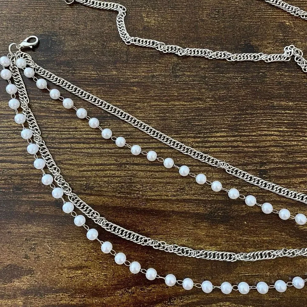 Silver Layered Faux Pearl Draped Waist Chain Belt, Fits 11-39 Inches, X7GA1346